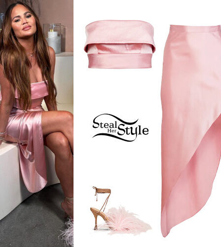 Chrissy Teigen: Pink Silk Top and Skirt