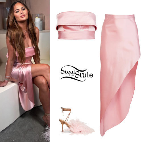 Chrissy Teigen: Pink Silk Top and Skirt