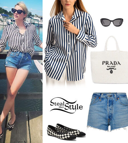 Emma Roberts: Striped Blouse, Denim Shorts