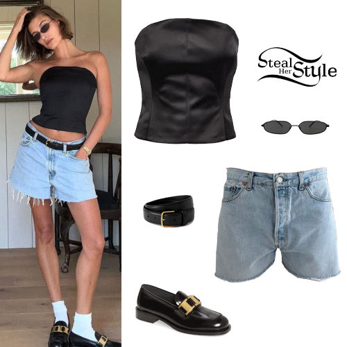 Hailey Baldwin: Black Corset, Denim Shorts