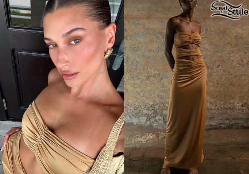 Hailey Baldwin: Gold Cut Out Dress