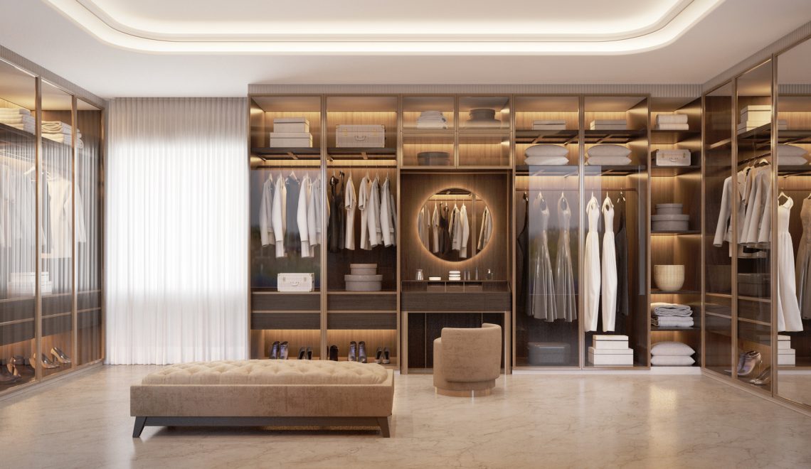 Panorama of luxury walk in closet interior with wood and gold elements.3d rendering