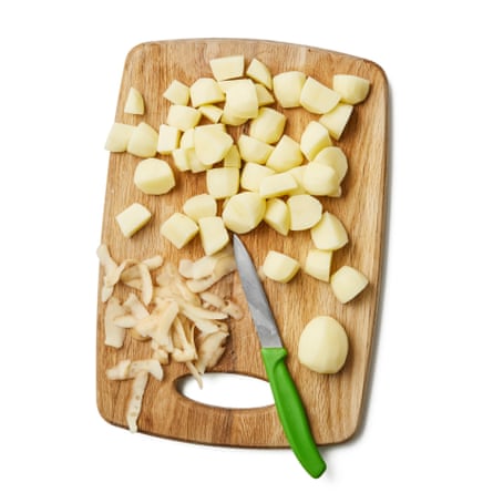 Felicity Cloake’s spuds peel and cut them into roughly 2cm cubes.