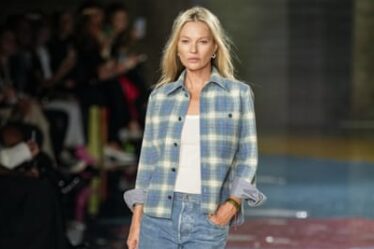 Kate Moss wears nubuck printed to look like denim from Bottega Veneta’s SS23 ready to wear collection, presented in Milan, Italy, Saturday, Sept. 24, 2022. (AP Photo/Antonio Calanni)