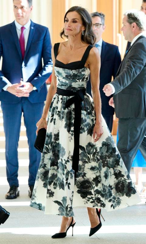 Queen Letizia of Spain wore an elegant Carolina Herrera dress on July 25
