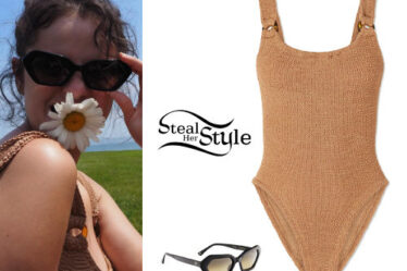 Selena Gomez: Light Brown Swimsuit, Black Sunglasses