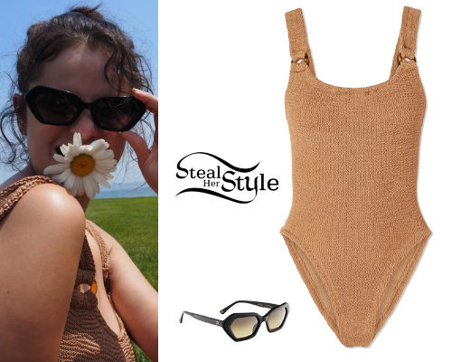 Selena Gomez: Light Brown Swimsuit, Black Sunglasses
