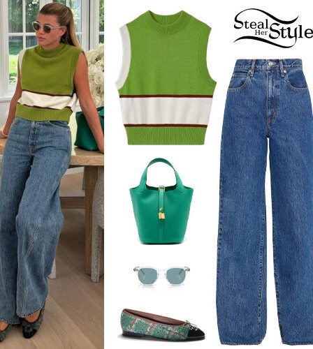 Sofia Richie: Green Vest, Tweed Flats