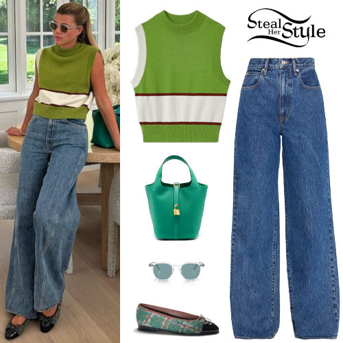 Sofia Richie: Green Vest, Tweed Flats