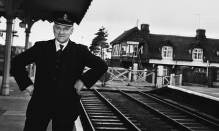 Station master Edmond Skillings posing on a platform at Wolferton Royal Station in Norfolk in December 1960