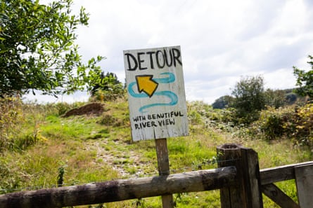 A detour sign made by a local resident promising beautiful views of the river Tamar.