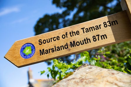 A fingerpost at the start of the new Tamara Coast to Coast Way indicating that it’s 83 miles to the source of the Tamar river and 87 miles to Marsland Mouth on the north coast.