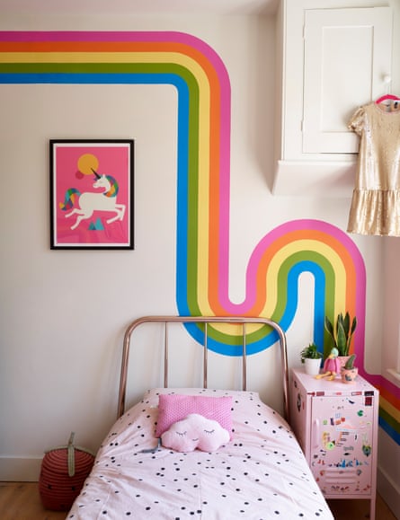 Sylvie’s colourful bedroom with rainbow colours on the wall