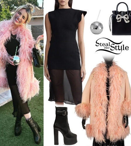 Emma Roberts: Pink Feather Coat, Platform Boots