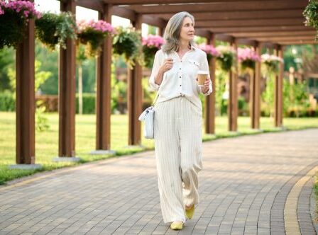 A mature woman wearing a beige linen outfit walks in a garden with a coffee