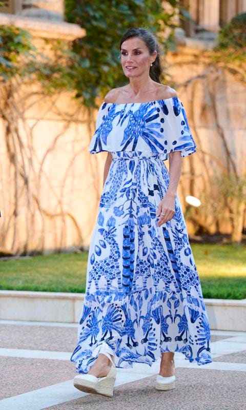 Queen Letizia wore a Desigual dress designed by Stella Jean to the reception on Aug. 3