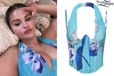 Selena Gomez: Blue Printed Top, Denim Skirt