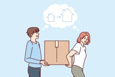 Man and woman carrying a moving box from small housing to large one standing near dialogue cloud with outlines cottages