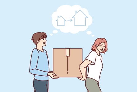 Man and woman carrying a moving box from small housing to large one standing near dialogue cloud with outlines cottages