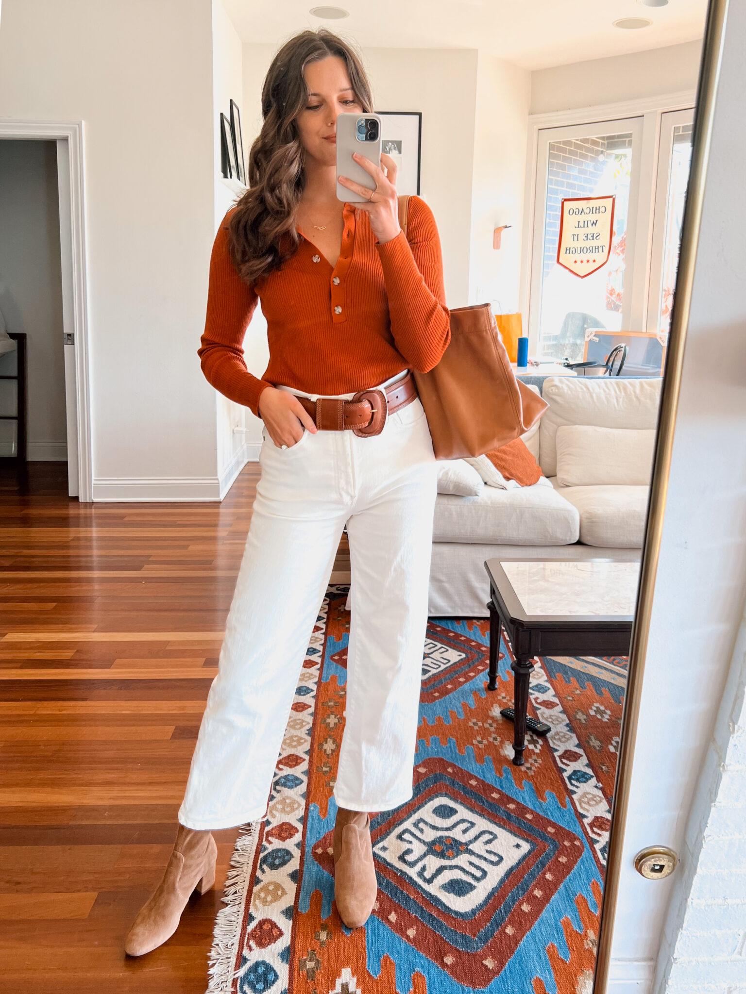 60 degree weather outfits with white jeans for fall or spring 