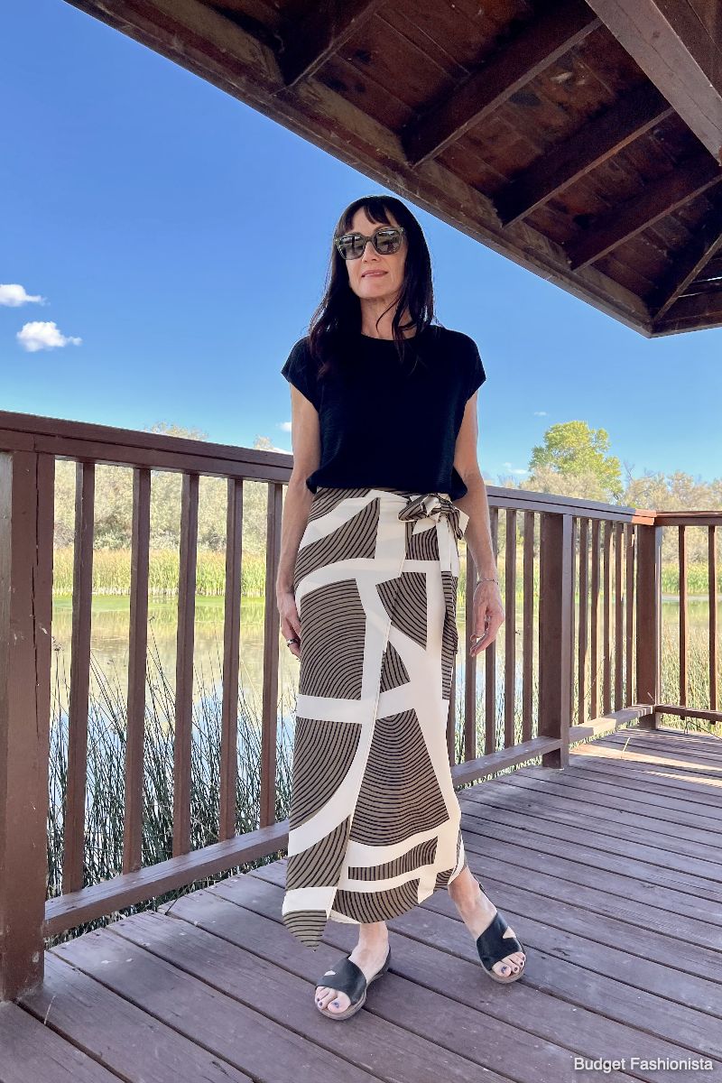 Catherine Brock wearing maxi skirt and textured top as part of Chicwish review. 