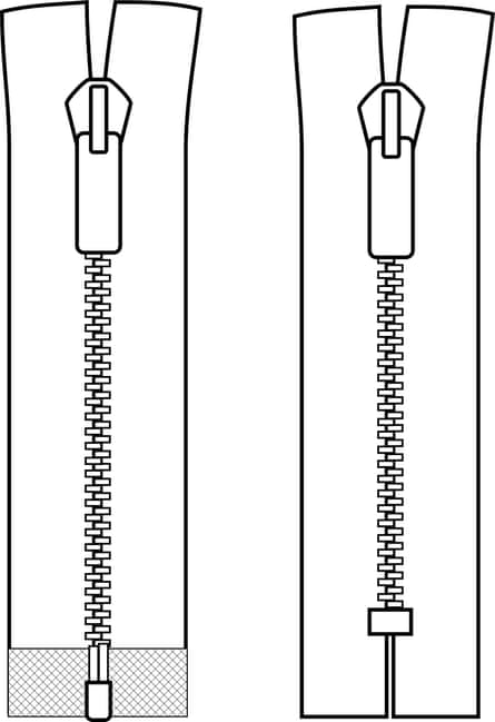 Zipper types. Closed-ended and open-ended scheme zip illustration 