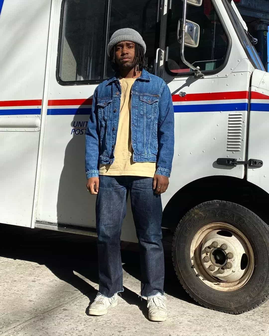 Denim Jacket and bootcuts with Delivery Truck as background