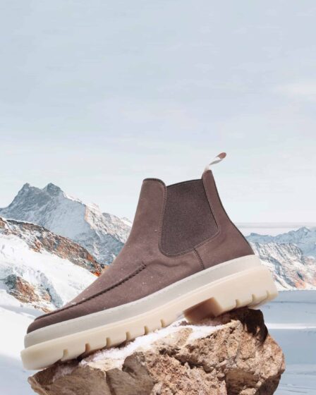 a snow chelsea boot on top of a rock