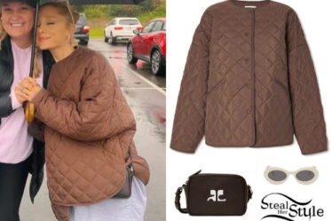 Ariana Grande: Brown Quilted Jacket and Bag