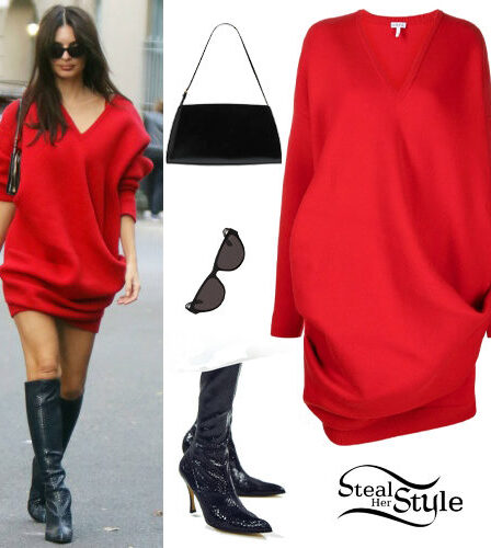 Emily Ratajkowski: Red Knit Dress, Black Boots
