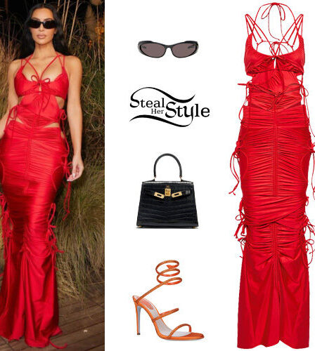 Kim Kardashian: Red Gown, Spiral Sandals