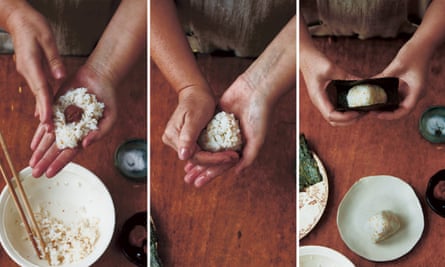 Composite of three images, showing a step-by-step process of shaping onigiri (rice balls)