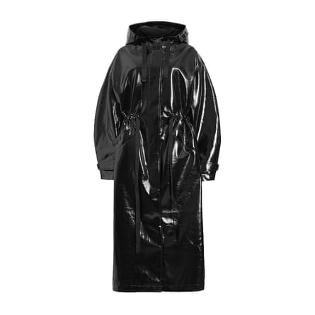 Shiny black hooded raincoat