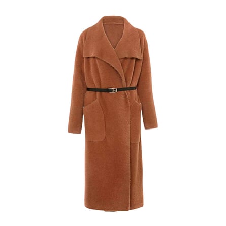 Tan belted coat with shawl collar