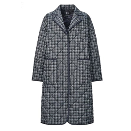 long grey checked coat with reveres