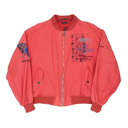 pink vintage bomber with letter embroidery