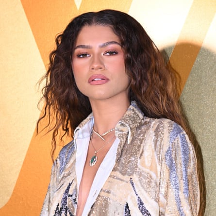 Zendaya posing for pictures in a multicoloured jacket with long hair free in curly waves
