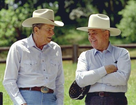 Former President Ronald Reagan and former Soviet President Mikhail Gorbachev don cowboy hats while enjoying a moment at Reagan’s Rancho del Cielo north of Santa Barbara, Calif, on May 2, 1992.