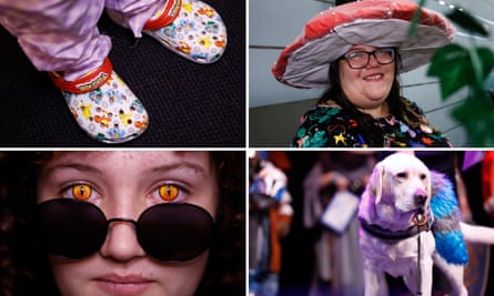 Clockwise from top left: limited edition Crocs; Ida Jones makes small badges and paintings of mythical creatures; therapy dog weighing in on the cosplay judging; Kallista Green as Aziraphale from Good Omens
