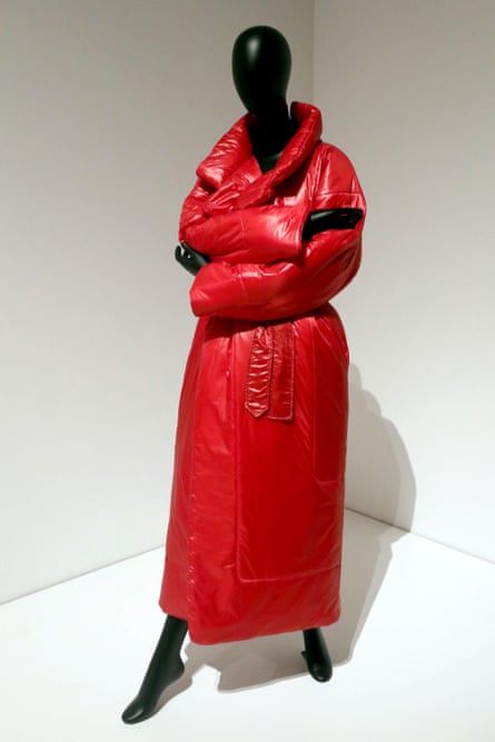 bright red, puffy coat on a mannequin
