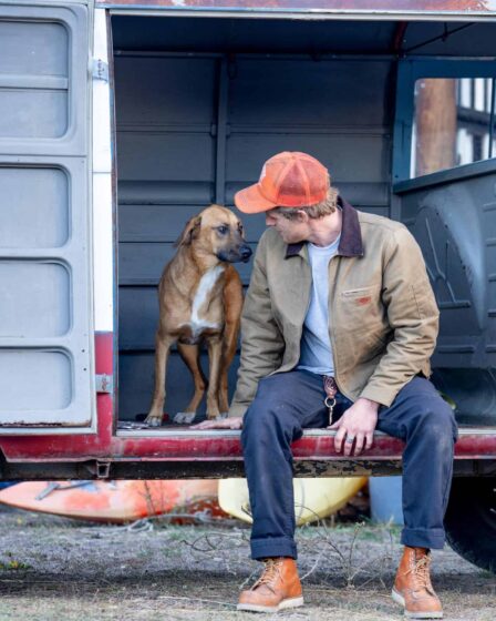 a man and his dog inside the van