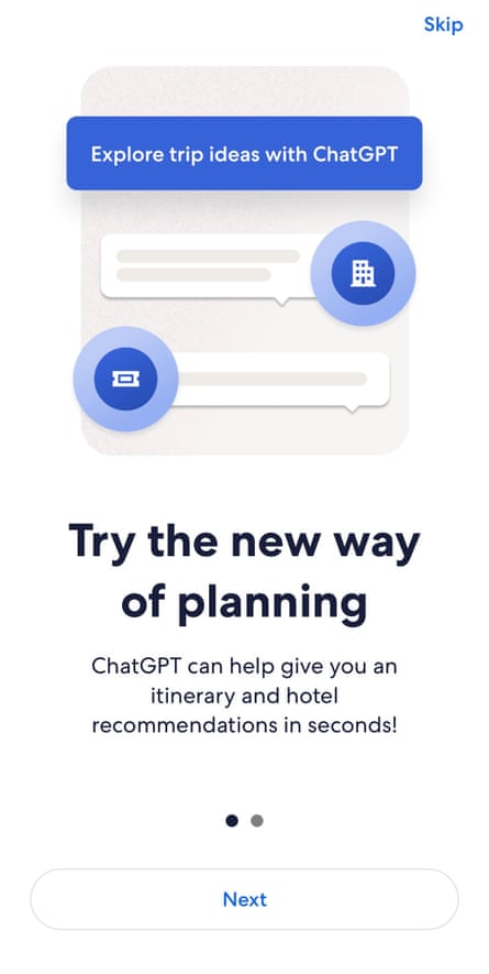 A screenshot from Expedia’s app, suggesting ChatGPT for travel planning