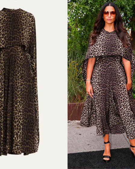 Camila Alves' Michael Kors Collection Leopard-Print Side-Slit Midi Cape Dress