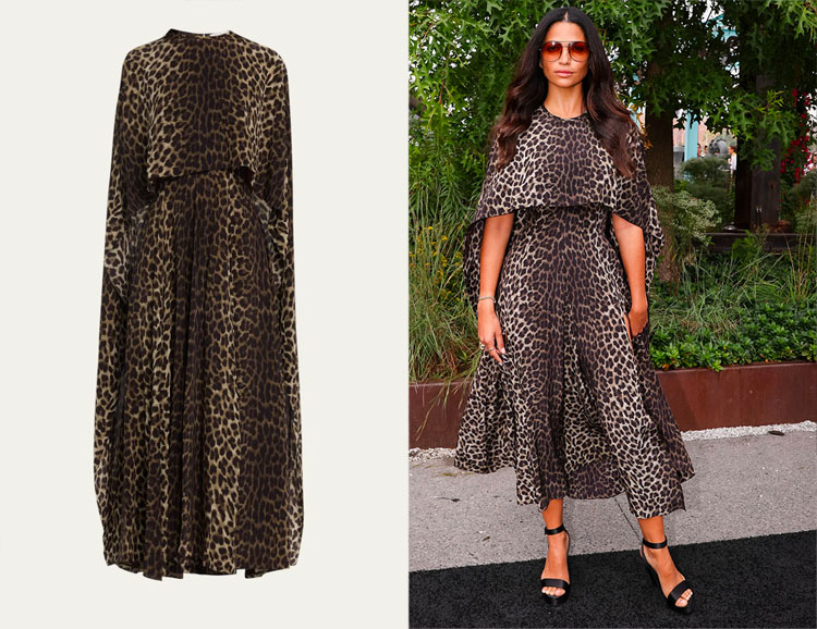 Camila Alves' Michael Kors Collection Leopard-Print Side-Slit Midi Cape Dress