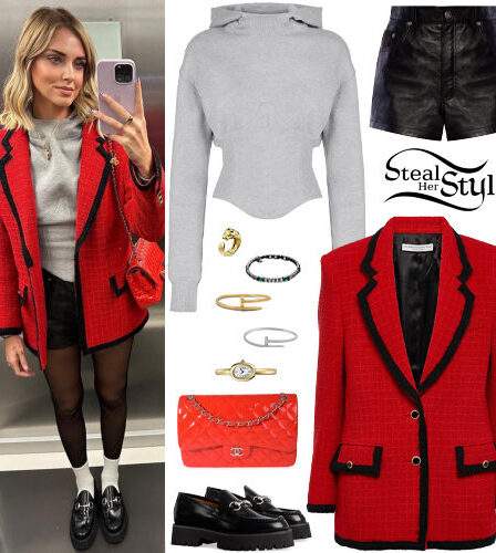 Chiara Ferragni: Red Coat, Leather Shorts