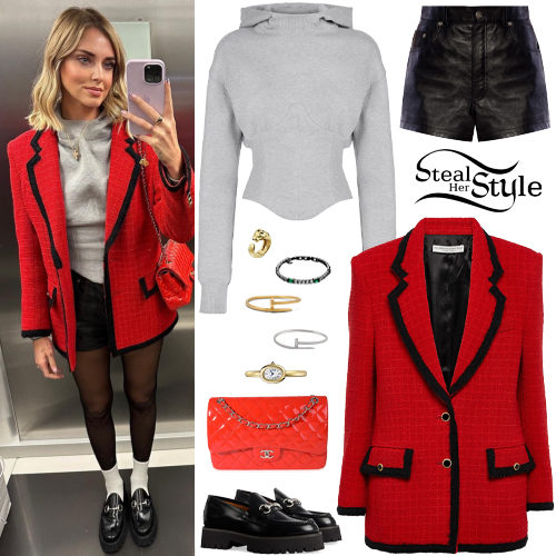 Chiara Ferragni: Red Coat, Leather Shorts