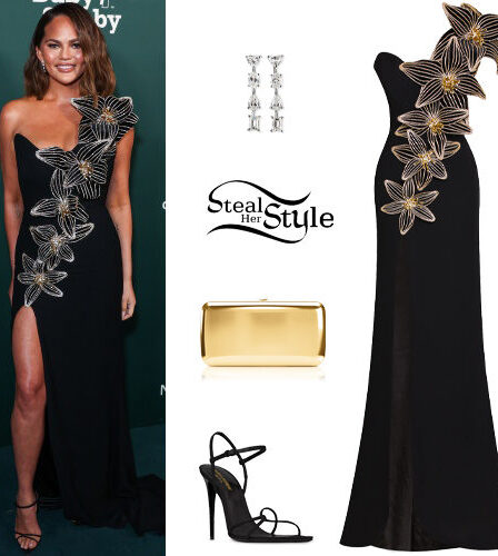 Chrissy Teigen: Embellished Gown, Black Sandals