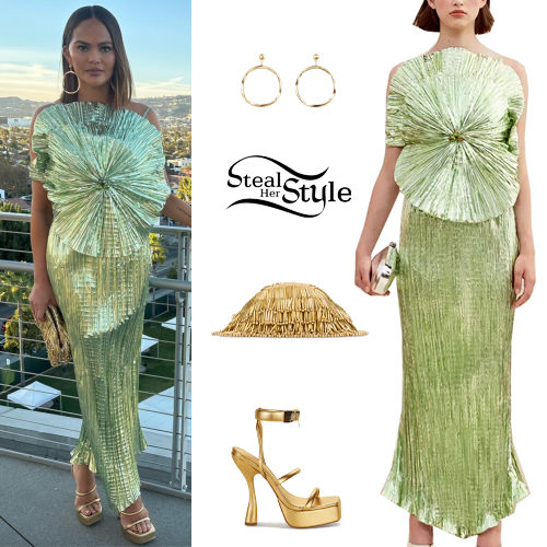 Chrissy Teigen: Green Metallic Top and Skirt