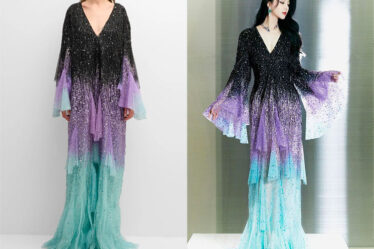 Fan Bingbing's Georges Hobeika Plunging Degrade Embellished Ruffle Tulle Kaftan Gown