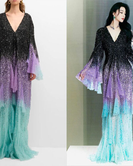 Fan Bingbing's Georges Hobeika Plunging Degrade Embellished Ruffle Tulle Kaftan Gown